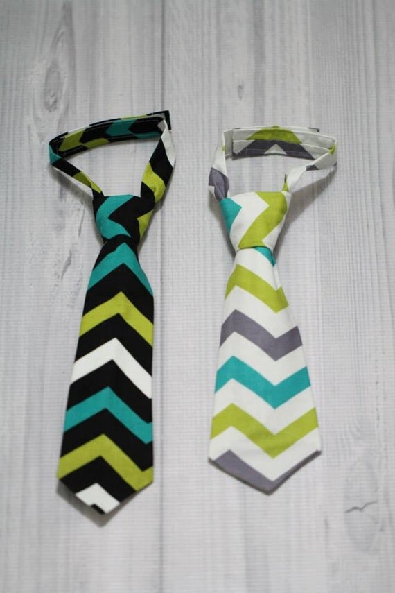 Boys Neck Tie. In Chevron Black green White Gray teal.