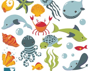 Under the Sea clipart, cute sea animals, sea clip art, scrapbook images, invitation, whale, dolphin, shell, nautical - INSTANT DOWNLOAD