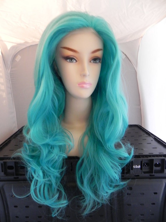 Lace Front Wig Light Teal Long Wavy Natural Wig Scene by ExandOh