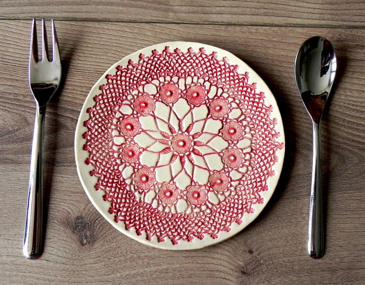 Rustic Ceramic Plate Red Lace Dessert Plate Unique by Ceraminic