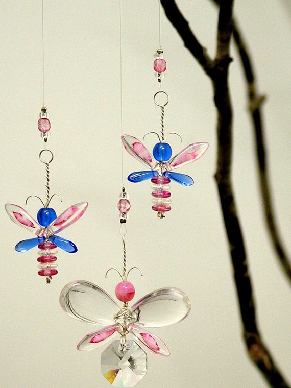 Pink Butterfly Mobile Kid Hanging Mobile Crystal by bytheartisan