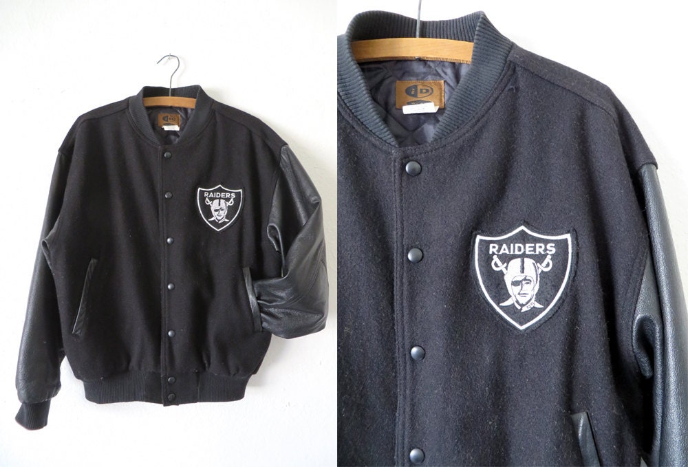 90s Raiders Letterman Jacket Custom All Black Wool & Leather