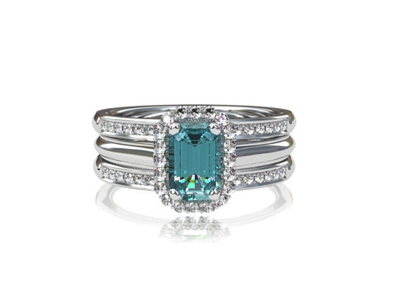 Items similar to Emerald cut aquamarine engagement ring set , white ...