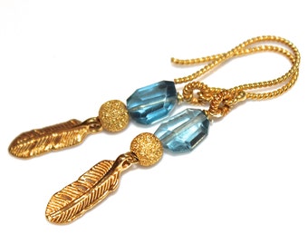 Swiss Blue Topaz Earrings - Gold Feather Earrings - Blue Topaz Jewelry - December Birthstone - Boho Earrings - Delicate Earrings - Spring