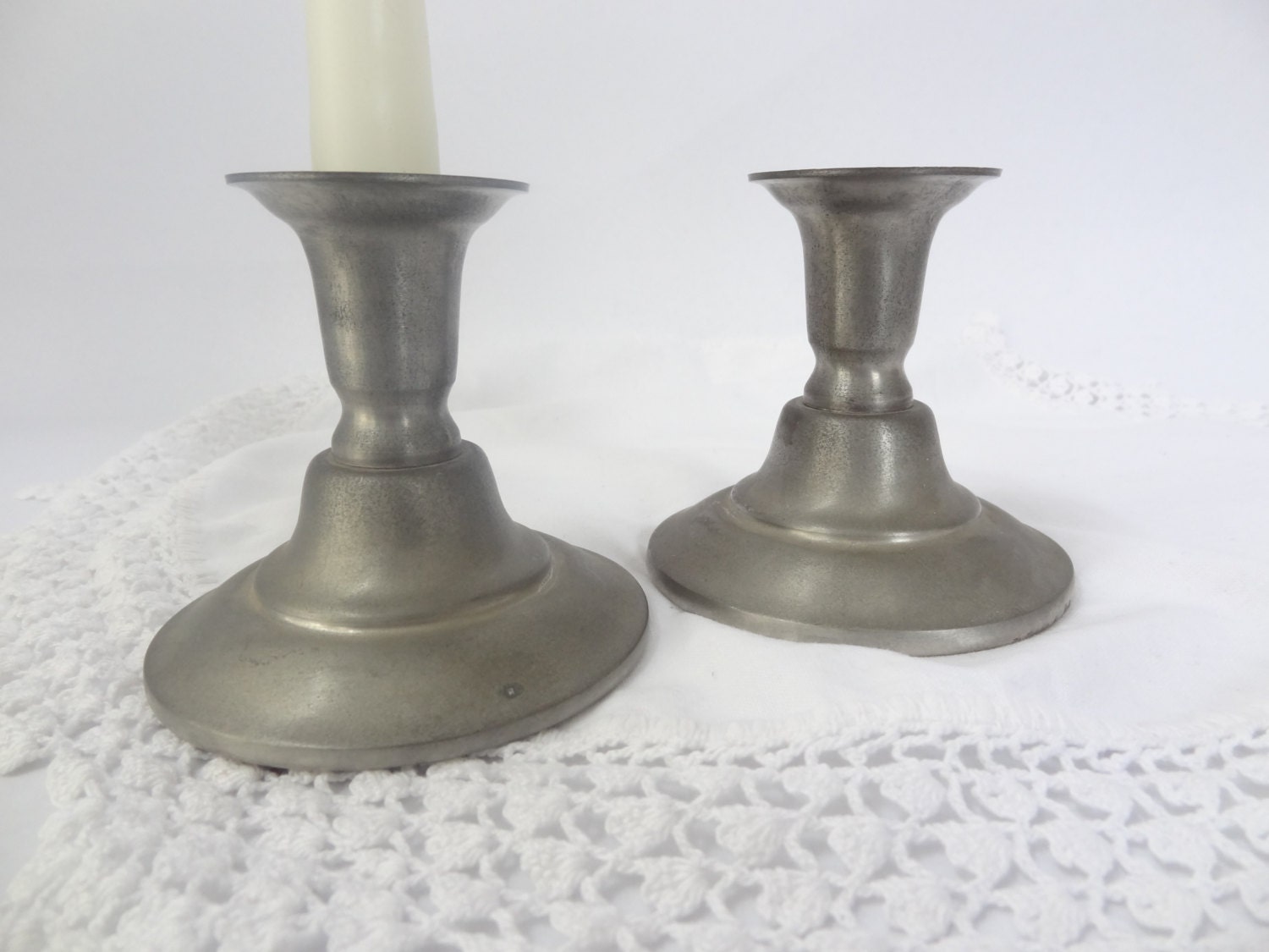Pewter Candle holders vintage decor set two 2 metal