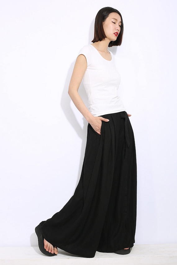 Black Linen Pants Timeless Flowing Smart Casual by YL1dress