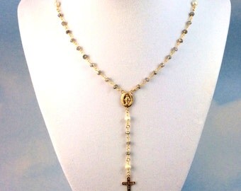 Pearl Rosary Necklace Women Cross Gold by divinitycollection