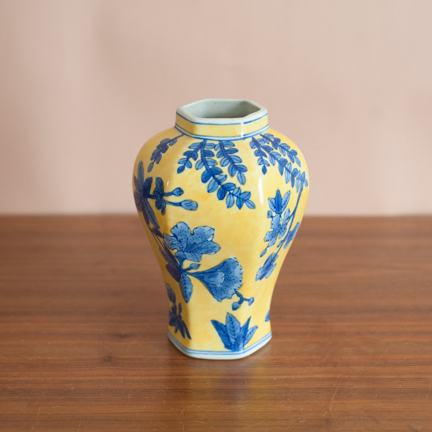 Yellow and blue Chinoiserie vase Asian ceramic vase