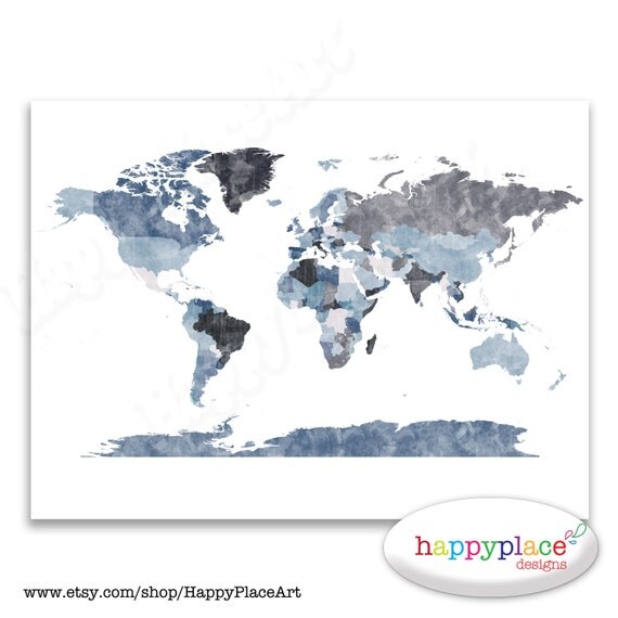 Large Grey World Map Wall Art Poster with lovely printed