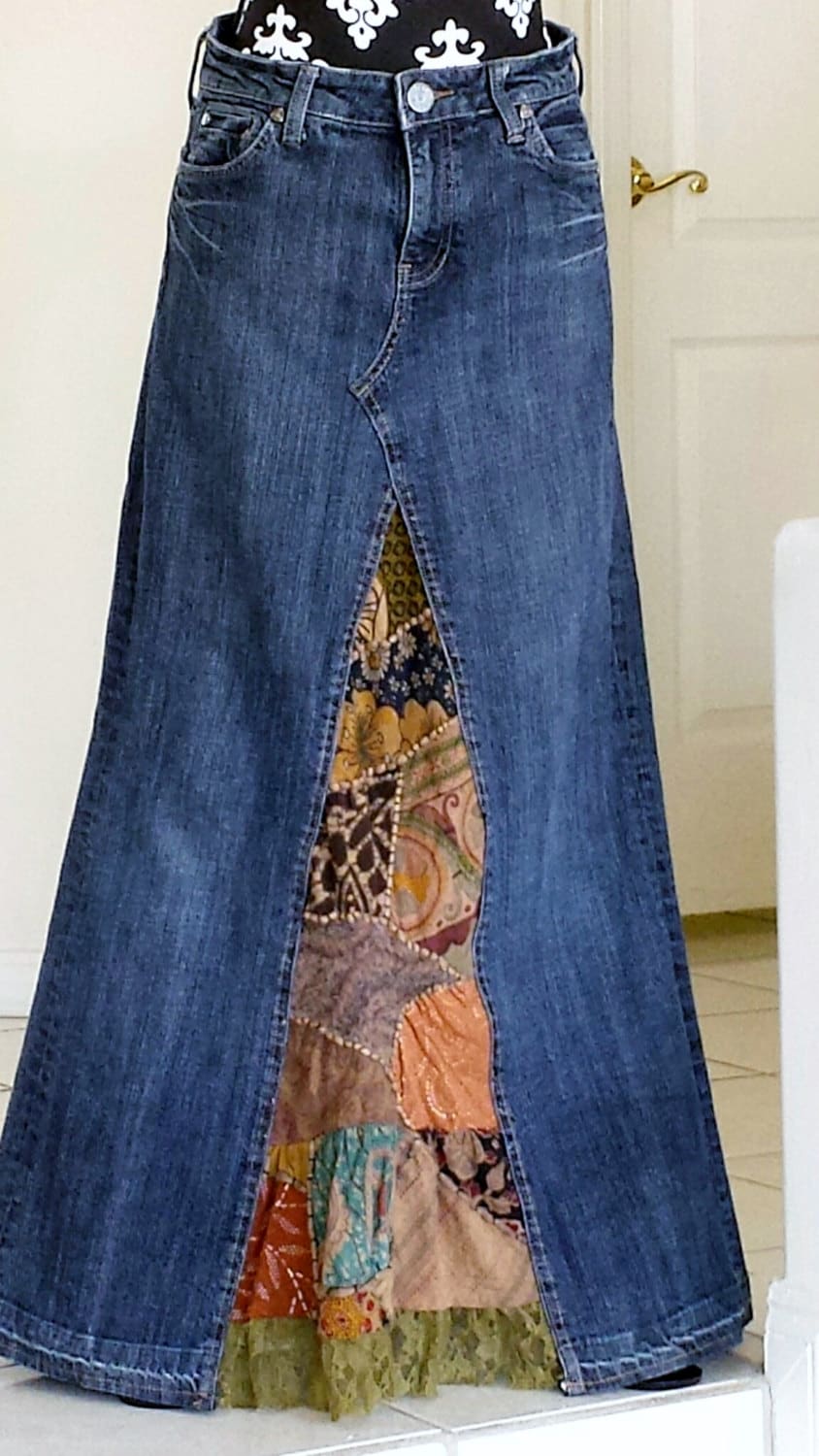 Long redone denim skirt with lace and vintage patchwork