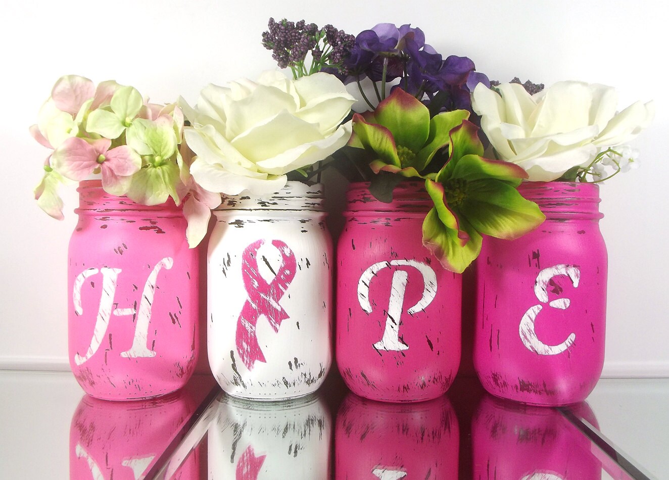 hope painted mason jars breast cancer awareness decor pink mason jars breast - Breast Cancer Decorations hope painted mason jars breast cancer awareness decor pink mason jars breast - Breast Cancer Decorations