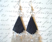 Leather Earrings- Glass Chip Earrings- Black Leather- Surgical Steel- Mixed Materials - Upcycled Jewelery