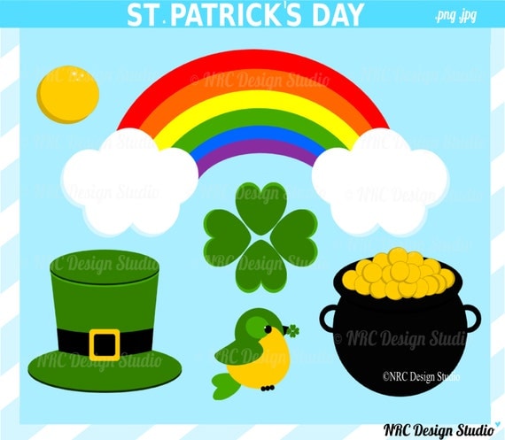 Holiday Clip Art - St. Patrick's Day Clip Art - Digital St. Patrick's Day Clipart - Cute, Rainbow, Four Leaf Clover, Leprechaun, Pot of Gold Il_570xn