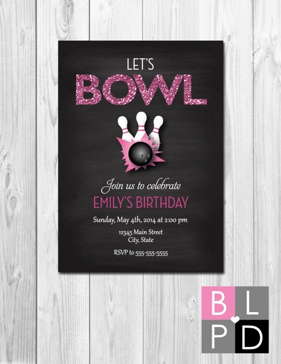Bowling Party Invitation - Let's Bowl - Pink Glitter and Chalkboard - DIY - Printable Il_570xn
