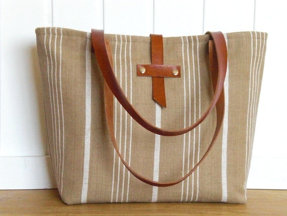 Linen Canvas Tote bag with leather handles - Beige and white - One of ...