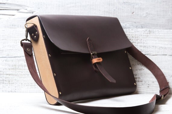 Items similar to Leather + wood briefcase messenger bag. Hand stitched ...