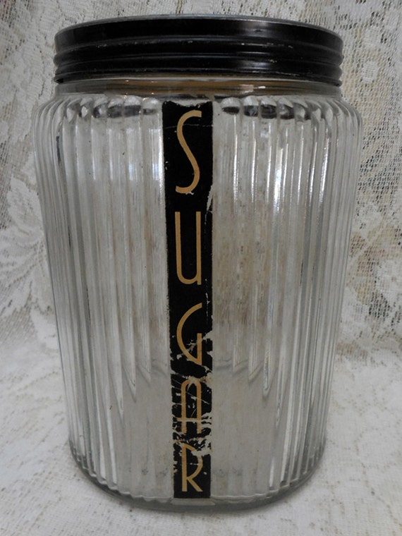 Large Vintage Ribbed Canister Jar Art Deco Hoosier Style