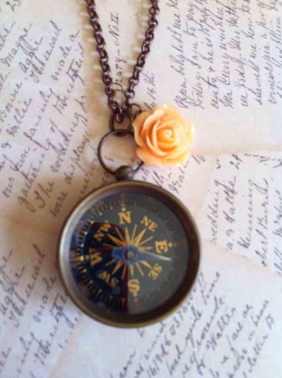 WORKING real compass necklace with peach resin by NoTwoTheSame