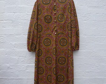 Dress hippie boho green dress full length festival handmade 70s dress size 14 yellow dress maxi bohemian vintage clothing 1970s clothes.