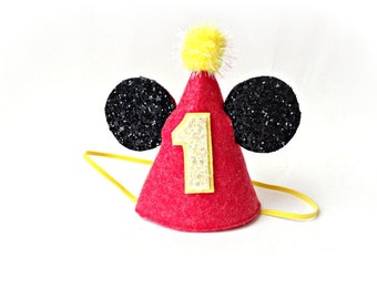 Mickey Mouse Birthday Felt Party Hat Red Yellow Black Mickey Ears Disney Hat