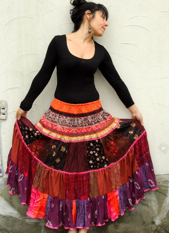M-L Patchwork gypsy boho long and wide skirt