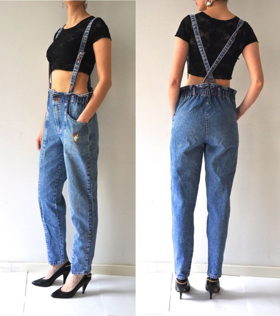 Vintage 80's Suspenders Jeans by BlackPaganVintage on Etsy