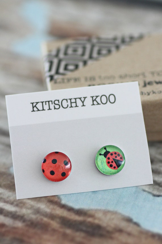 FREE SHIPPING - Ladybird Earrings - Lady Bird Lady Bug - Mismatched - Asymmetrical - Unique - Surgical Steel
