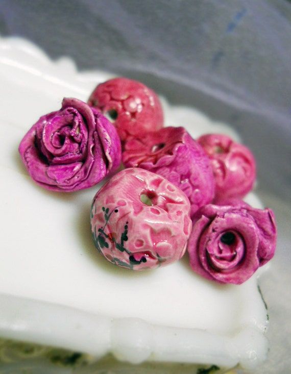 Polymer Clay Beads - 6 Rustic Glazed Floral Beads -  Magenta Roses, Painted Flowers, Raspberry Rose Pods - Colorful Polymer Clay Art Beads