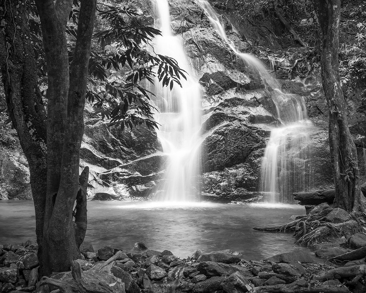Black and white photograph of waterfall by PaulChongPhotography