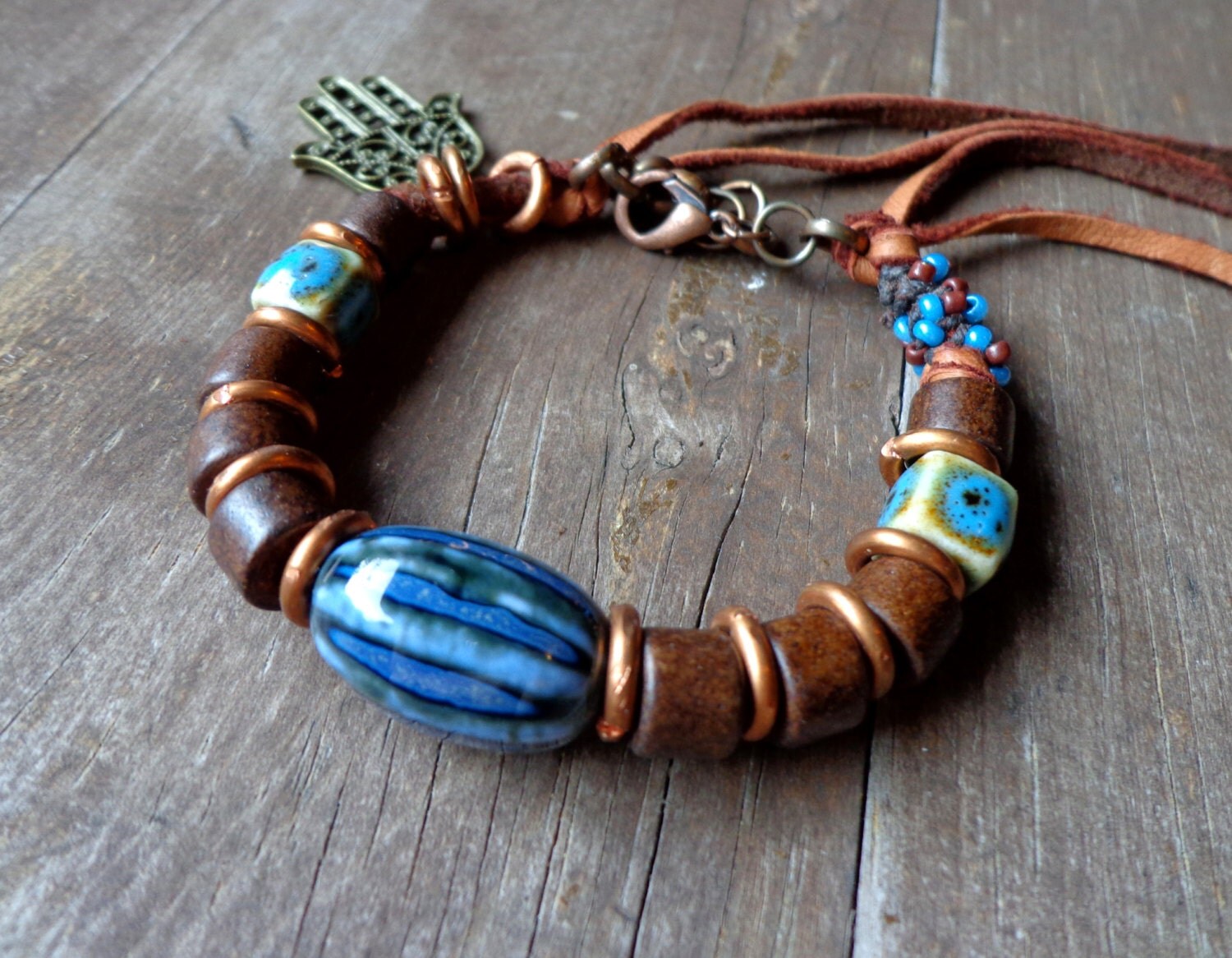 Rustic bracelet ceramic beads pottery jewelry blue boho