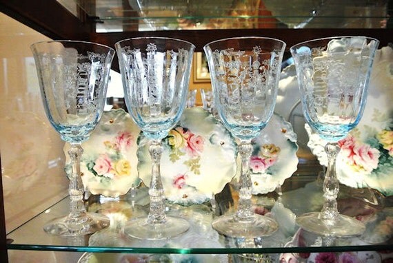 Blue Fostoria Azure Navarre Footed Set of Four Water Goblets Elegant Glassware Rare Stem Stemware Glasses Formal Dining Cottage Chic Wedding