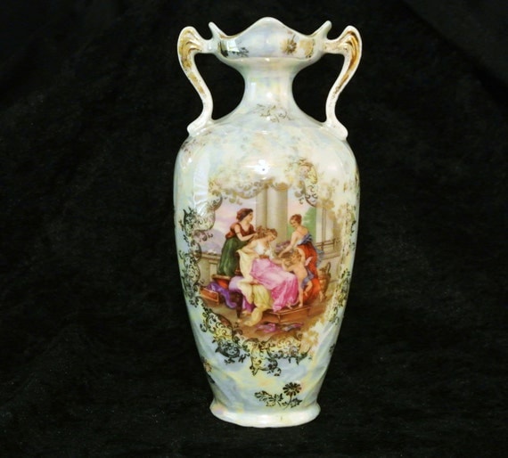 1900s RS Prussia Vase ES Prov Saxe Germany Art Nouveau Mythological Ladies Cherub Scene Victorian Porcelain Cottage Home Decor Wedding Vase