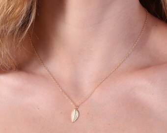 gold necklace, gold leaf necklace, dainty necklace, simple gold necklace, everyday necklace, leaf jewelry,wedding jewelry - D40