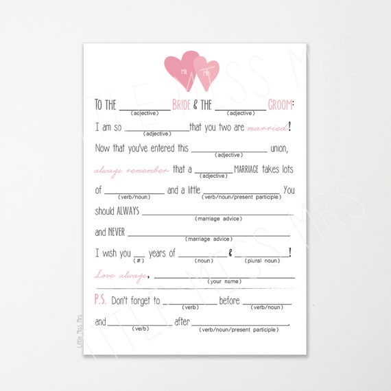 Printable Mad-lib Wedding Advice cards in turquoise, pink or gold brown