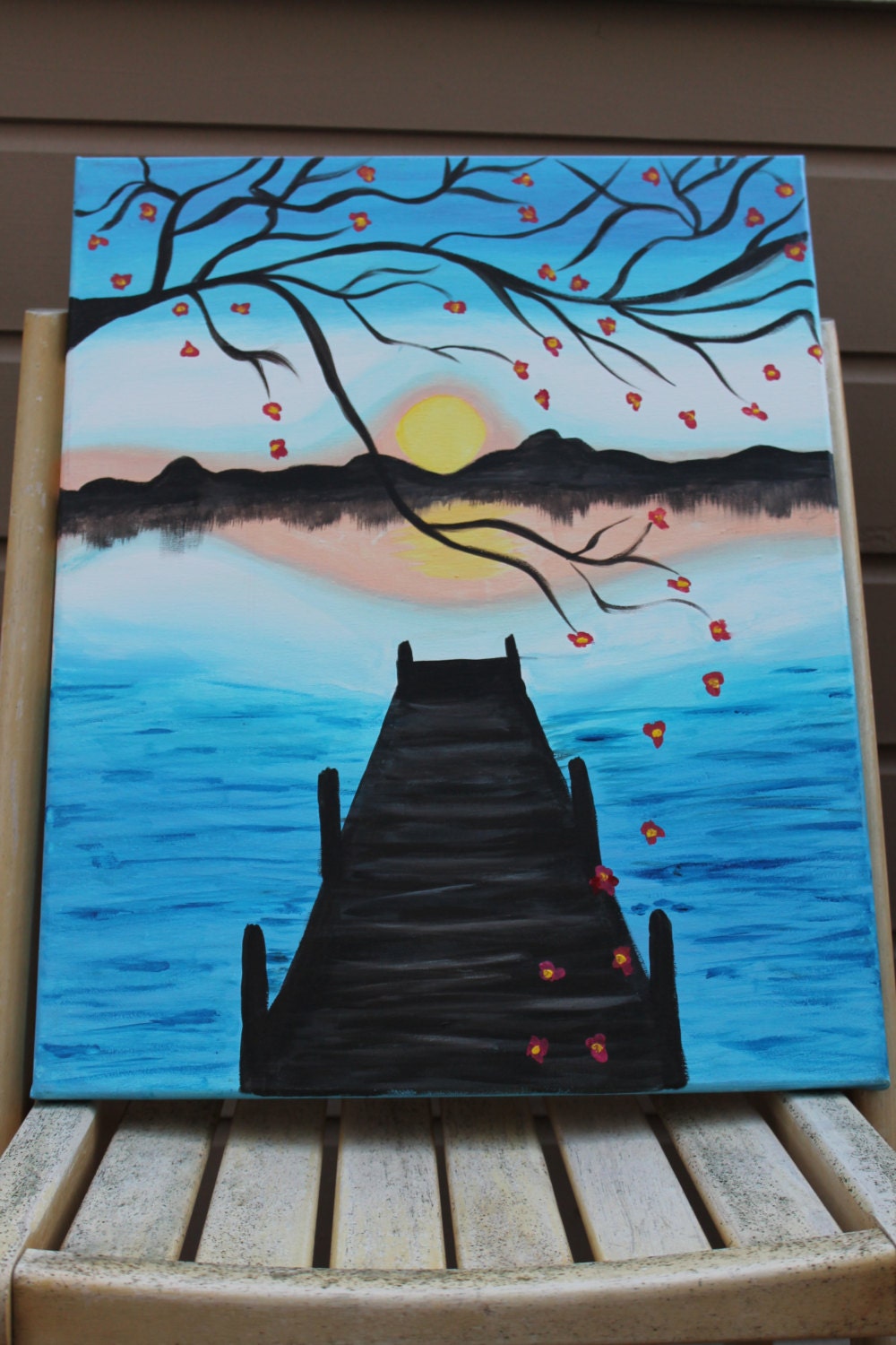 Cherry Blossom Pier Acrylic Sunset Painting Original Abstract