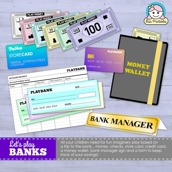 Printable bank set for children's pretend play