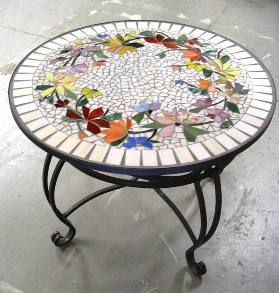 MOSAIC TABLE floral pattern CUSTOM stained glass inlaid iron furniture hand-made colorful table top