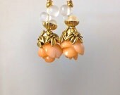 Peach Coral earring, carved rose earring, Victorian earring, vintage, frosted, drop earring,  flower earring, dangle, natural stone earring