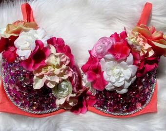 Pink Rave Bra with Pink & White Flowers and Rhinestones