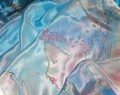 Hand painted silk scarf " I have met an Angel". Angel wings. Light blue and light pink. Pastel scarf. Scarf with angel. White dove.Heaven.