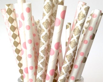 Dainty Damask Blush Pink and Gold Paper Straws, Blush Wedding Decor, Blush Pink Baby Shower, Blush Lace Paper Straws, Vintage Old fashioned