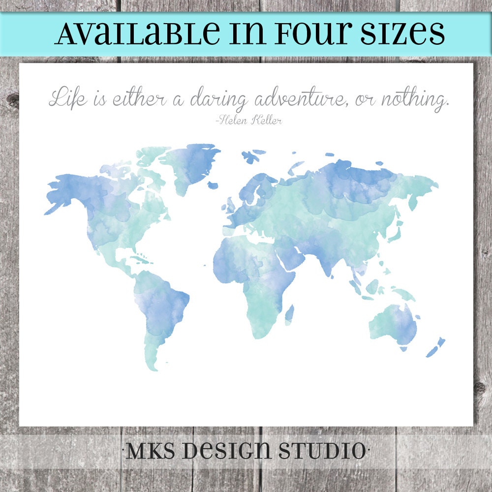 Watercolor World Map Print Wall Hanging Map Continents