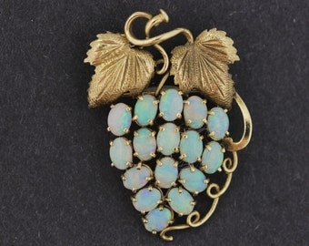 14K Grape Vine Brooch with Opals Chased, Repoussed, and Hand Engraved