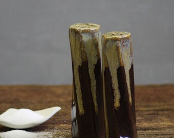 Stoneware pottery Salt and Pepper Shaker set Mocha Drip Brown Cream Tall
