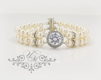 10% OFF Wedding Jewelry Double Strands AAA Cubic Zirconia Bracelet Swarovski Pearl Bracelet Rhinestone bracelet diamond look - MACEY
