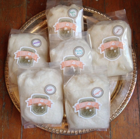 Organic Cotton Candy, Six Flavor Sampler: Lavender, Apple Pie, Double Mint, Vanilla, Rose, and Tangerine