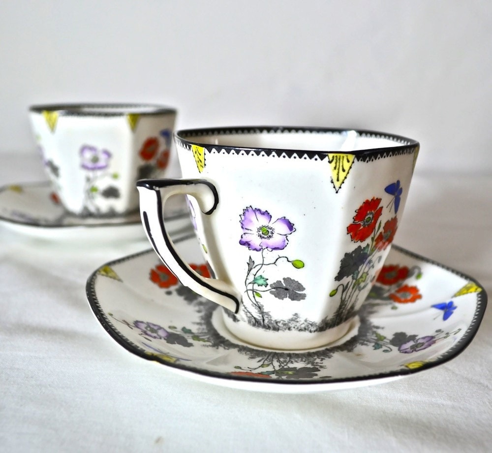 Pair Foley Art Deco Tea Cup Duos with Red Poppies