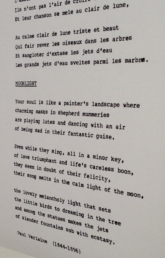 Items similar to Vintage-Looking Typed Poem "Clair De Lune" (Moonlight