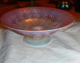 Antique 'Signed' Tiffany Opalescent Pink Glass Compote