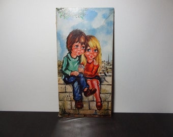Vintage Retro Colorful Wall Art/Plaque of Big Eyed Boy and Girl on a Graffiti Wall in Paris